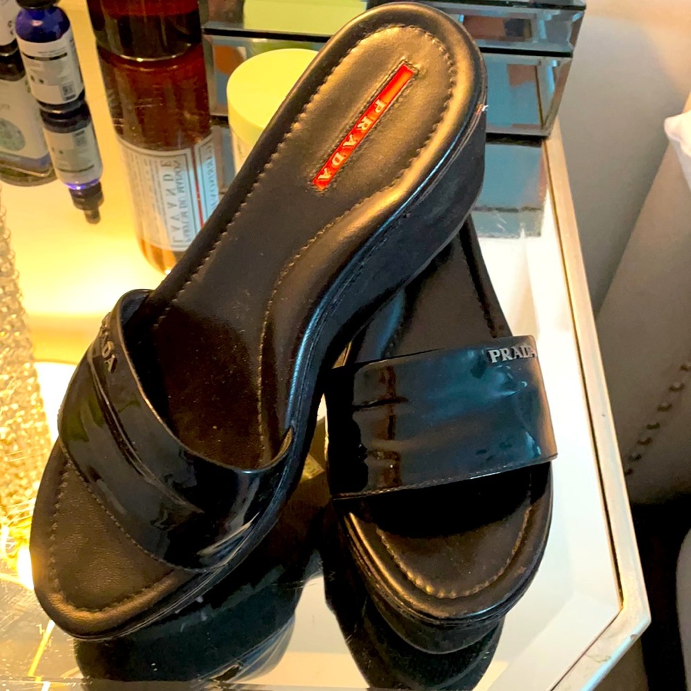 Prada patent slides.
